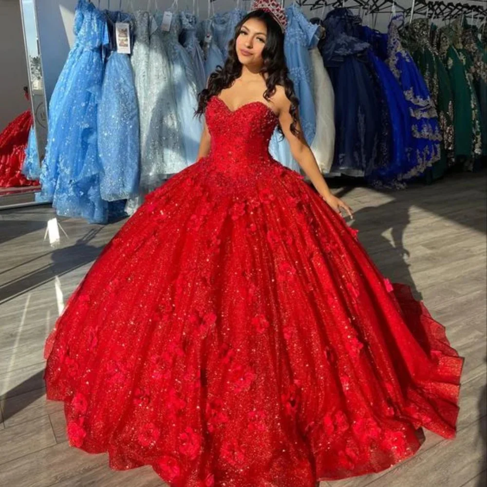 

Lorencia Mexico Red Quinceanera Dress Ball Gown 3D Flowers Appliques Shiny Beading Corset Sweet 16 Dress Vestidos XV Años YQD445