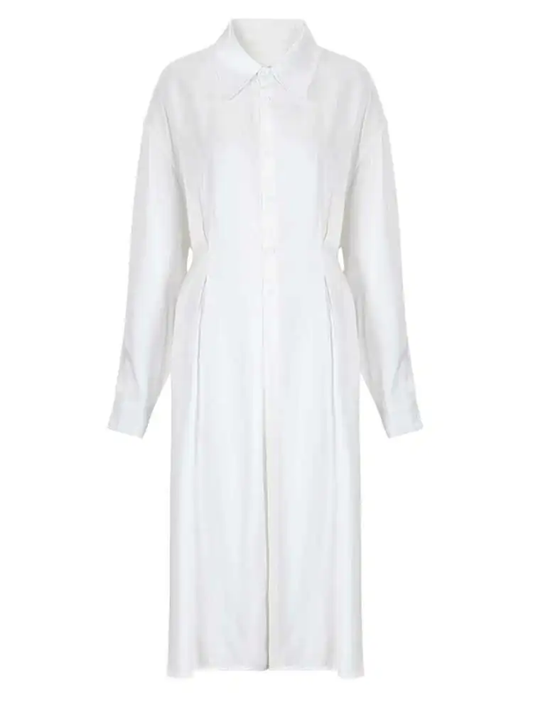 Bjtz preto tamanho grande plissado blusa longa feminina nova lapela manga longa solto ajuste camisa moda maré primavera outono 2025