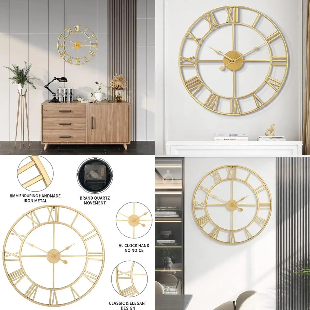 

24 Inch Gold Roman Numerals Silent Wall Clock - Vintage Decorative Timepiece for Home