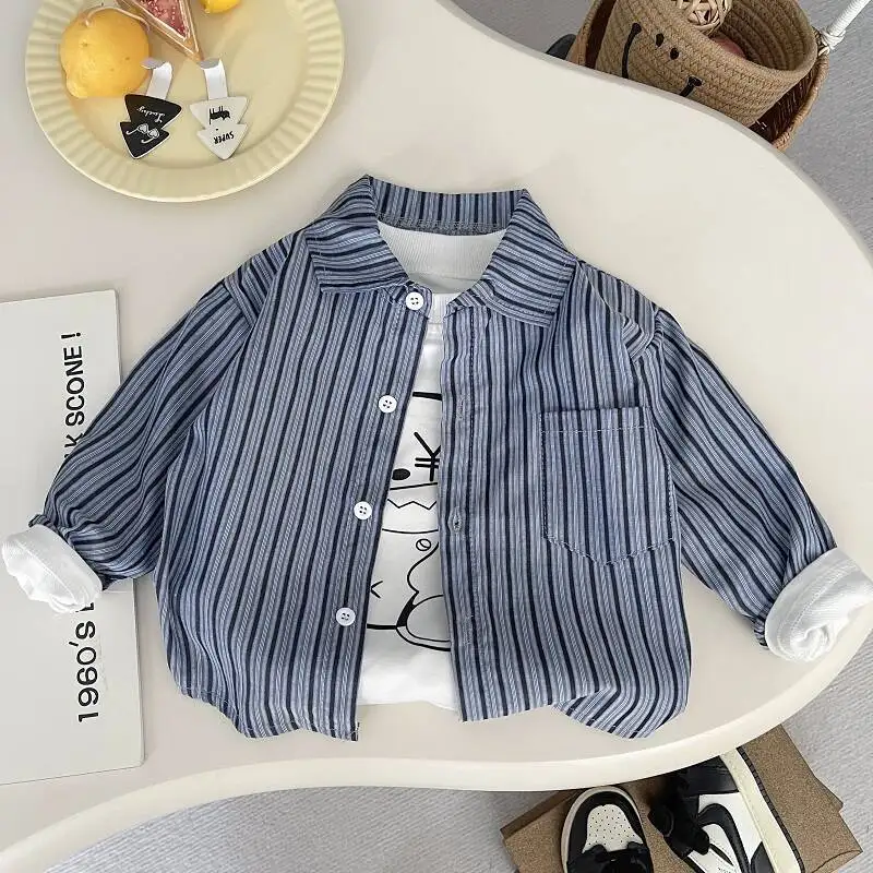 IENENS Kids Shirt Clothes Spring Thin Blouses Clothing Infant Boy Striped Cotton Tops 1 2 3 4 Years Kids Long Sleeves Shirt