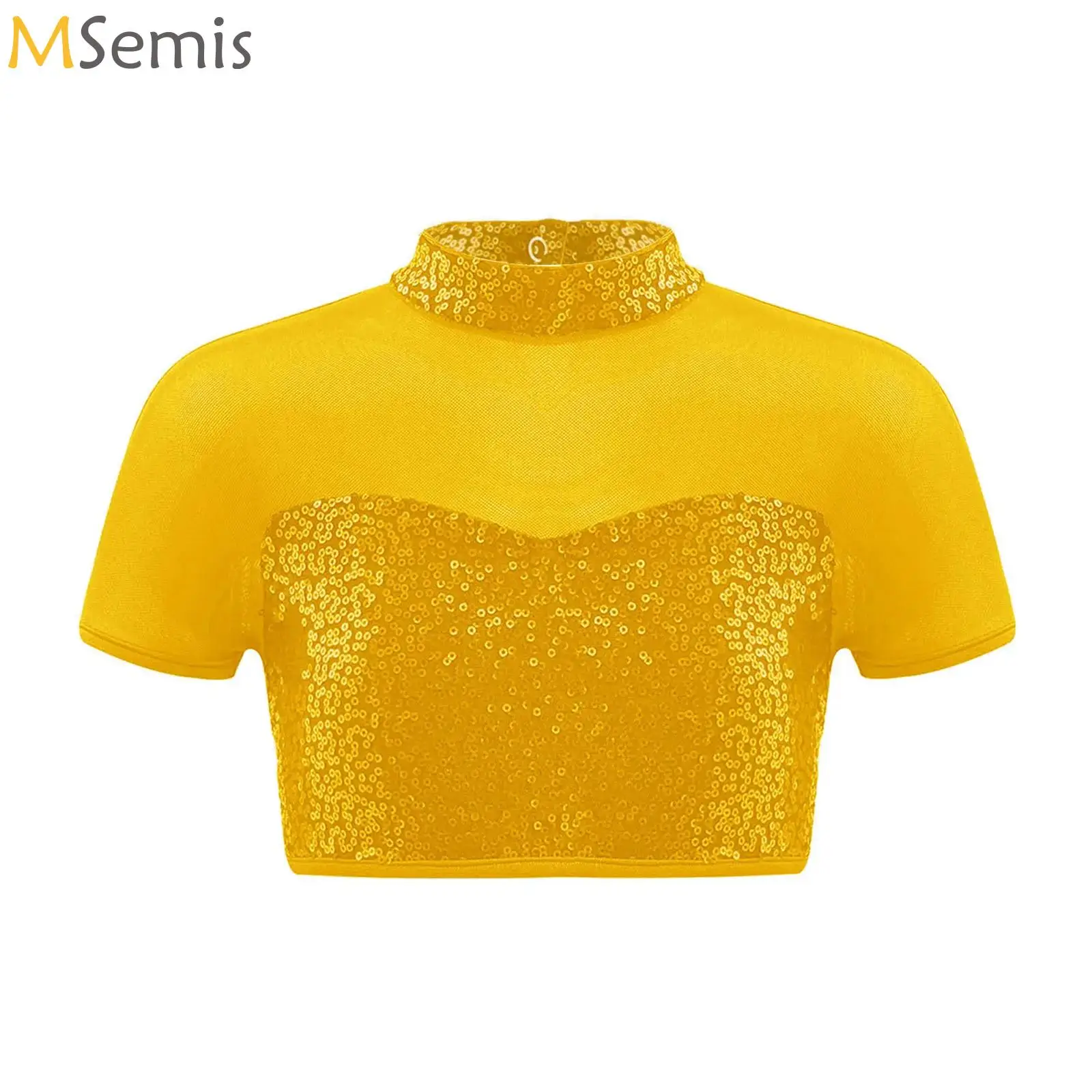 

Fashion Girls Crop Tops for Dancing Summer Sequins Short Sleeve Mesh Patchwork Tank Crop Top Kids Dance Wear Children's Clothes