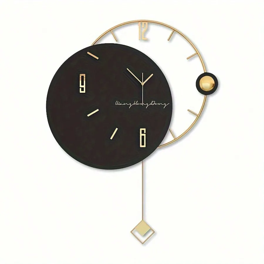 Large Wall Clock Home Decoration Quartz Clock, Silent Swinging With No Tick, Metal And Wood, Suitable For Indoor Living Room