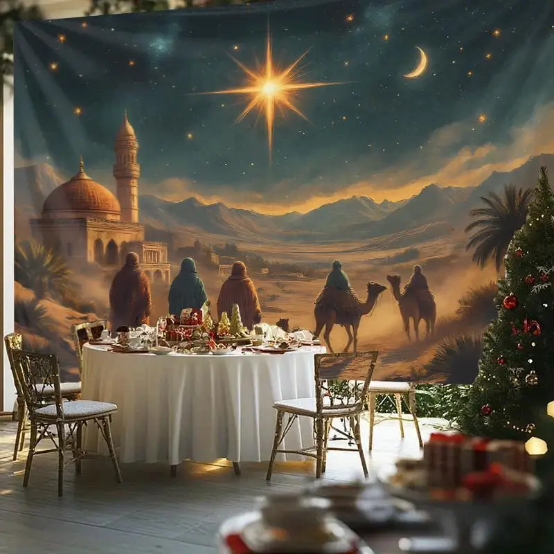 1pc Extra Large Christmas Nativity Tapestry - Three Wise Men (Magi) Following Star Wall Hanging Decor - Pastel Pink, Golden, Bro