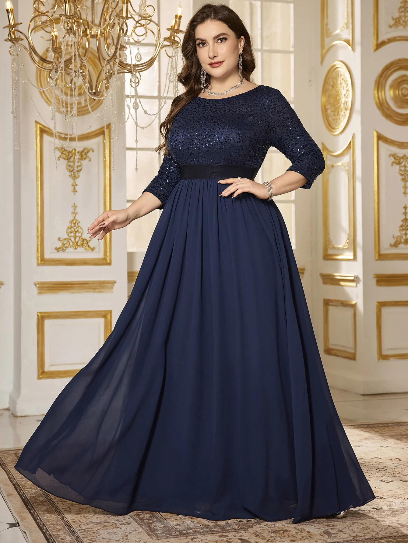 UNITHORSE  Earth-Friendly Women's Dress V-Back Sequin Patchwork Waist Flare Hem Dress With 3/4 Sleeves And Round Neck, Elegant view 3