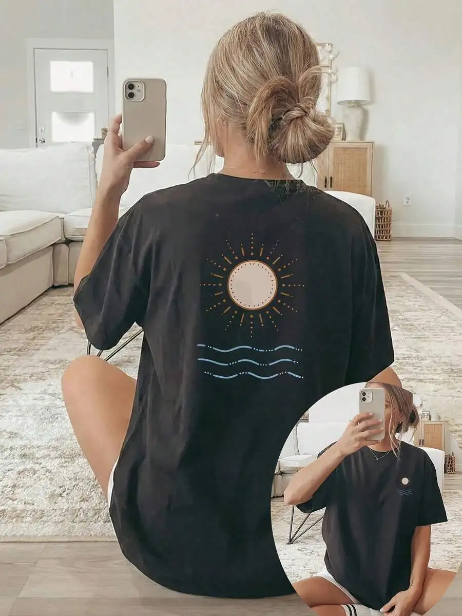 Women's Spring Summer Loose Fit Crew Neck Short Sleeve T-Shirt, Double-Sided Sun & Wave Graphic Print, Casual Beach Daily Outfit, Cute Gift For Ocean Sunshine Style Lovers