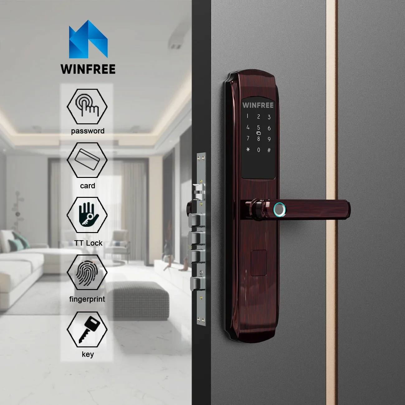 WINFREE Smart Lock Fingerprint Passcode Card Door Lock TTLock Control for Security Aluminum Door