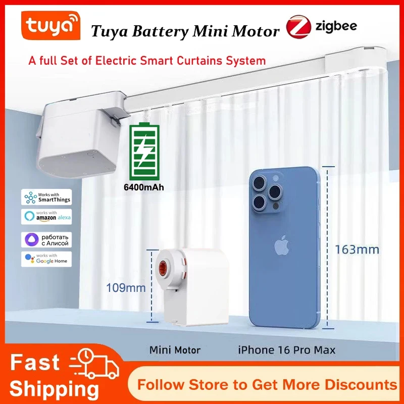 

Tuya Battery Zigbee Smart Mini Curtain Motor 6400 mAh & Electric Curtains Track Rail RF Remote Alexa Yandex Alice Voice Contorl