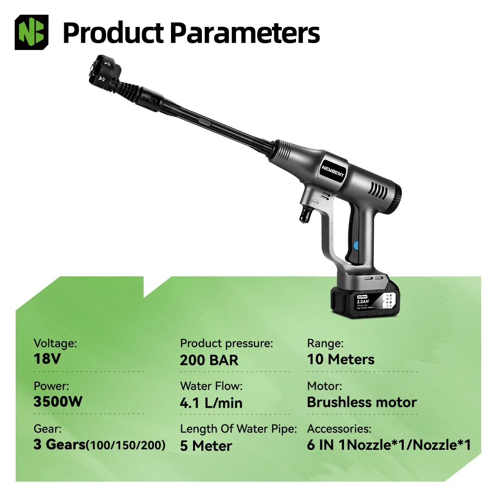 NEWBENY 3500W 200Bar Bürstenlose Hochdruck Auto Wasser Pistole Cordless Elektrische Spritzpistole Garten Werkzeug Für Makita 18V batterie Pin – Detail 4