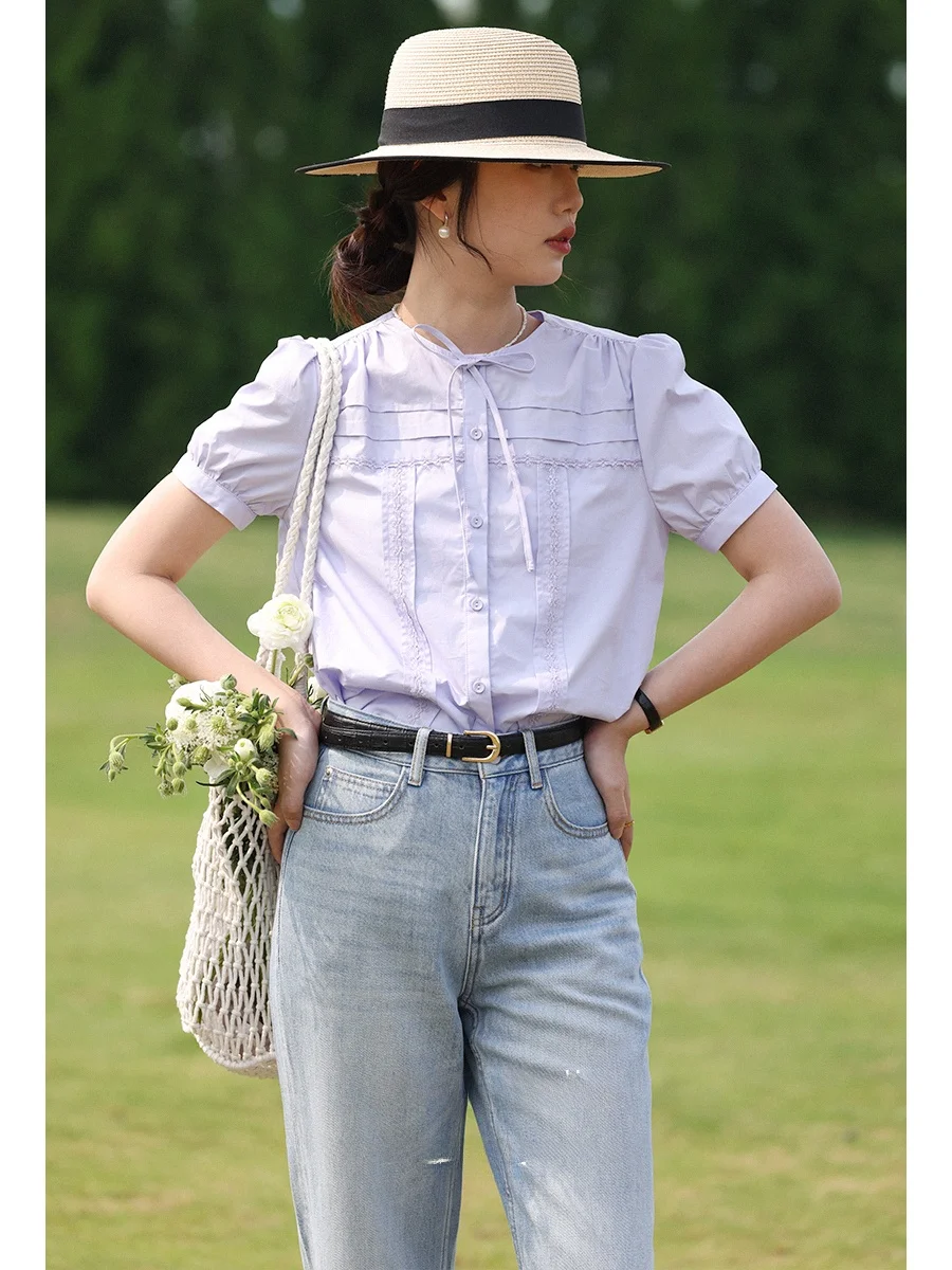 

Commuting Sle Bubble Sve T-irt Women's Lace Trim Unique Design Cotton ort Sve round Ne irt Korean Version Str...