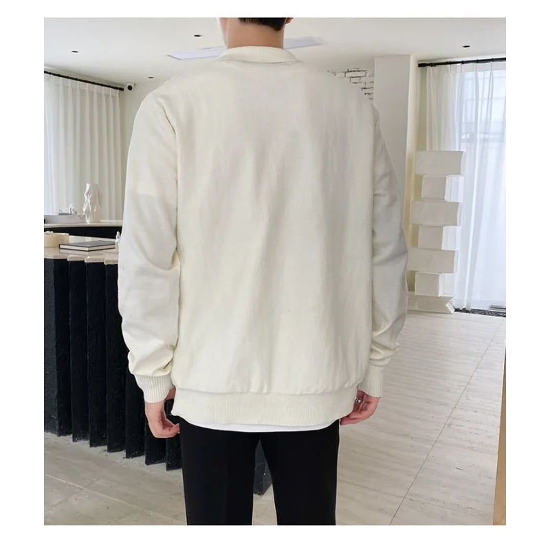 Casual Men's Long Sleeve Knitted Cardigan Jacket Korean Style Shirt Collar Patch Sweater Top