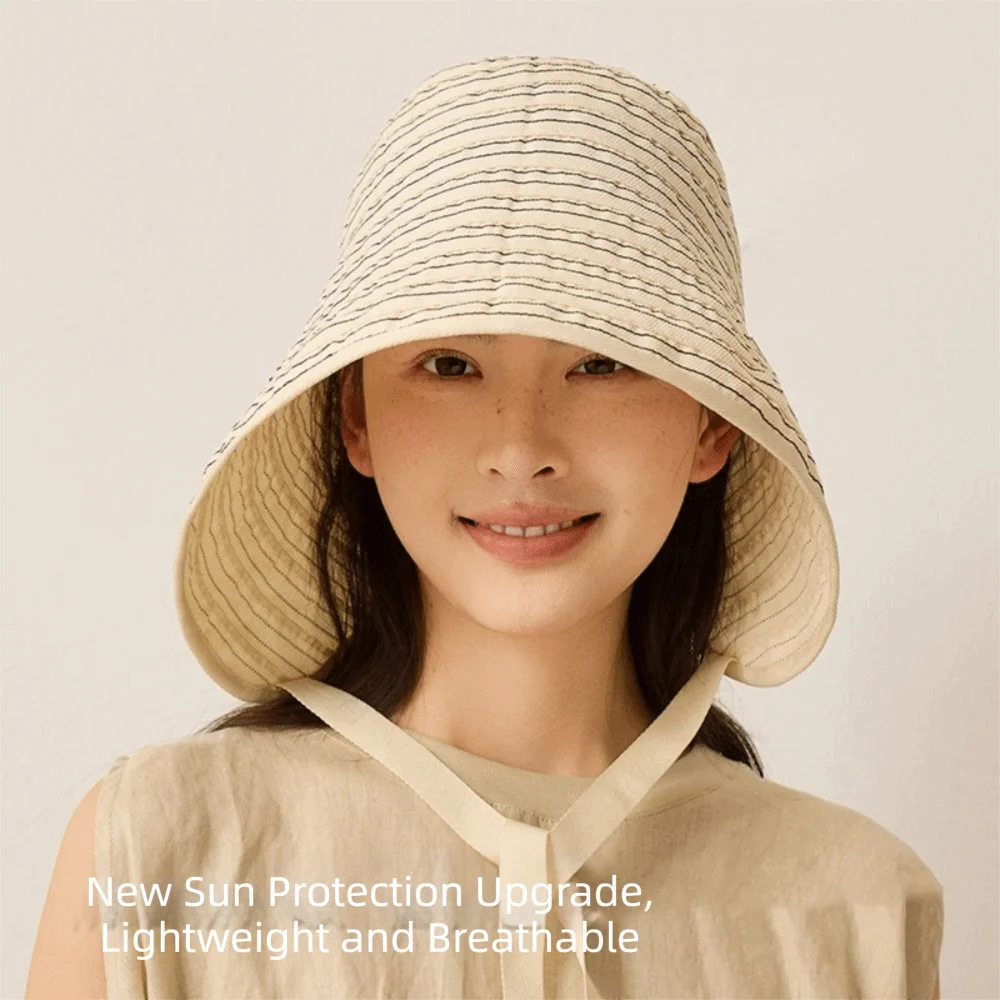 

Casual Ribbon Women Striped Fisherman Hat Wide Brim Solid Color Summer Sun Hat Foldable Cotton Sunscreen Visor Cap Summer