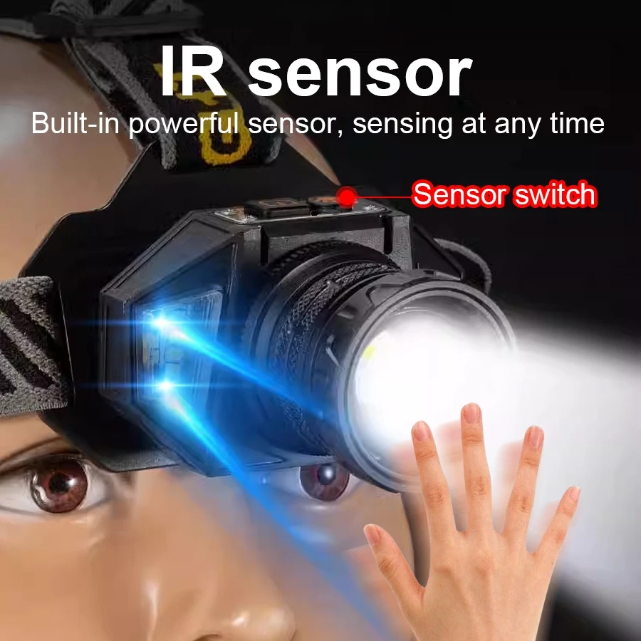 Super Bright Headlamp Most Powerful Long Range Head Flashlight Sensor High Power Headlight With Yellow Light Fishing Head Torch