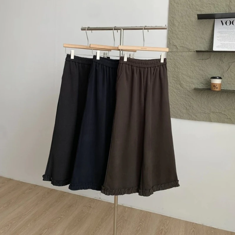 

2025 Autumn New Elastic Waist Loose Fungal Lace Trim Wide Leg Pants Fashionable Versatile Woolen Nine Cropped Pants