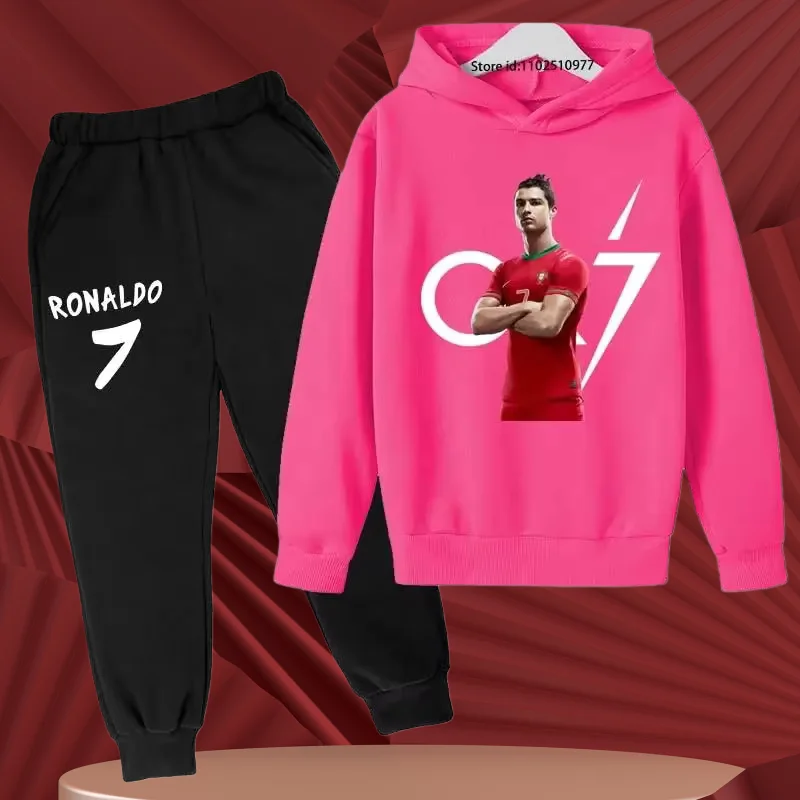 Tute 3-13 anni Ragazzi Ragazze Abiti casual Set di vestiti per bambini Bambini Primavera Autunno Football Idol Cr7 Stampa 2 pezzi Felpa con cappuccio + pantaloni