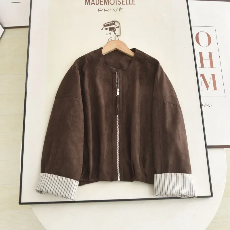 

Ранняя осень 2024, женская повседневная замшевая куртка на молнии, коричневая, свободная посадка, универсальная верхняя одежда, женское пальто