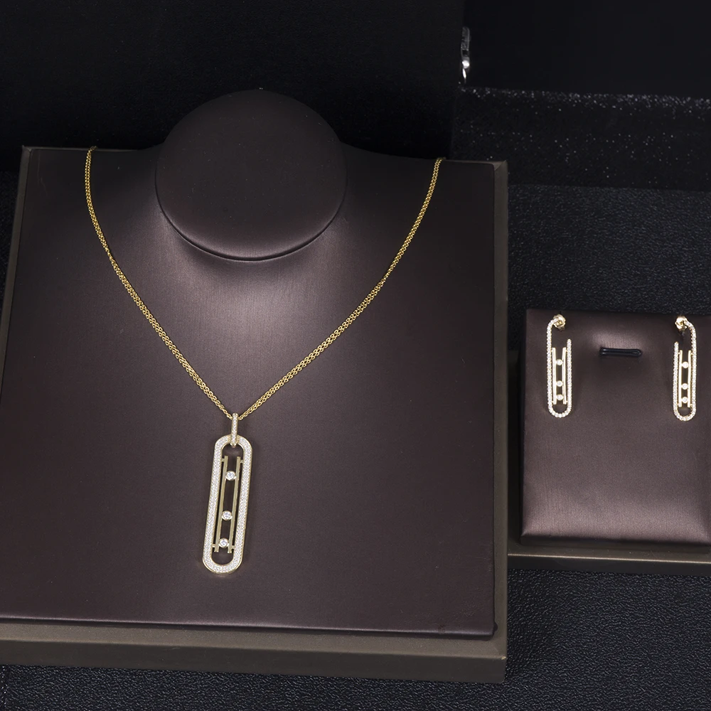 

Luxury AAA Zircon Paper Clip Necklace Sweater Chain Earrings Set For Women High Quality Party Wedding Jewelry S565