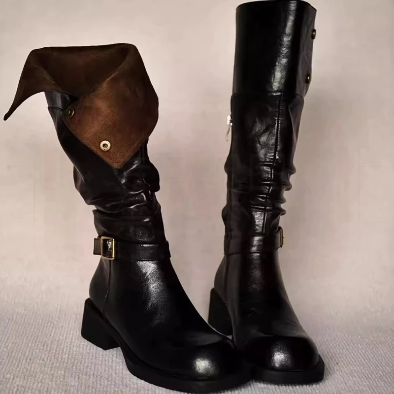 Retro Womens Shoes Luxury Genuine Leather Knight Boots for Woman Exquisite Britain Knee High Boots Designer Shoes Botas Feminina