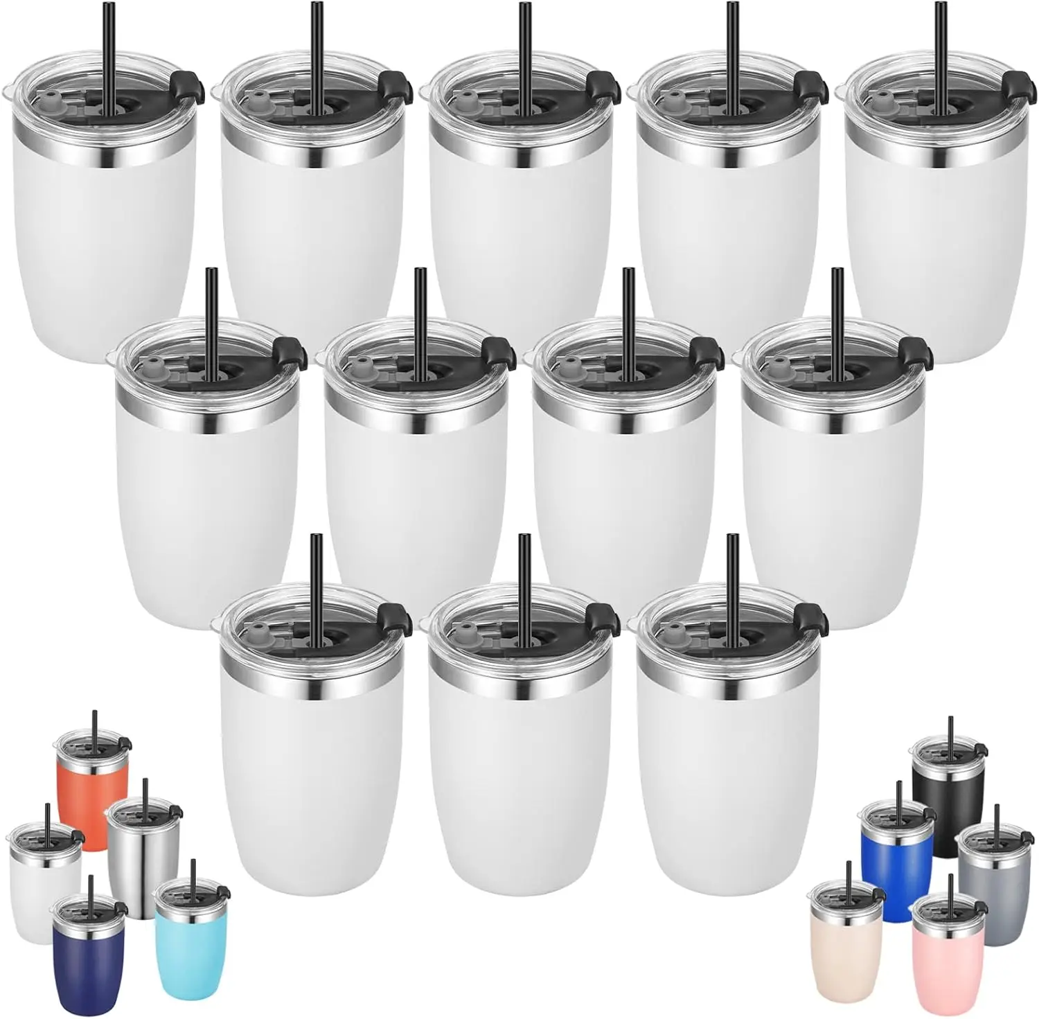 Stainless Steel 12 oz Tumblers bulk Vacuum Insulated Double Wall Travel Tumbler with Lid and Straw Reusable Tumbler White 12pack