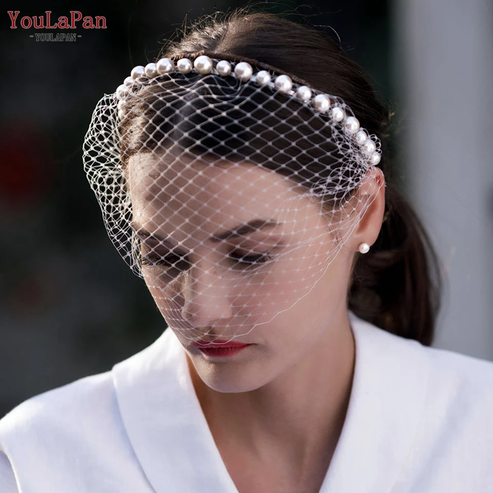 TOPQUEEN VA11 Birdcage Bridal Bird Cage Veil Pearl Beaded Hair Accessories Wedding Powder Blusher Veil Singles Party Accessories