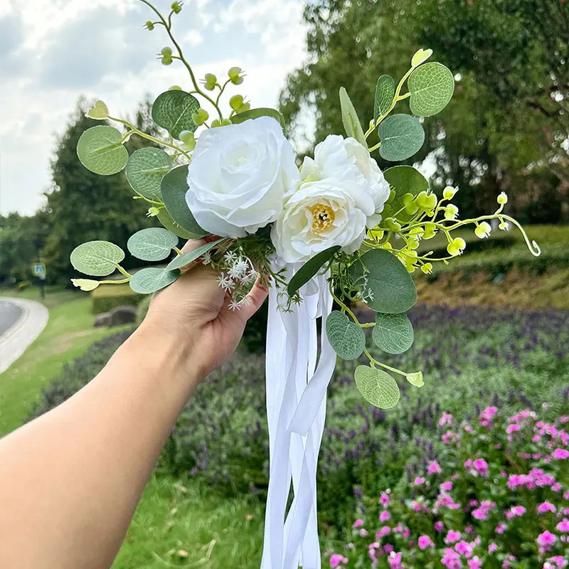 1 Stück Hochzeitsauto-Rückspiegel- und Türgriff-Schleifendekoration, europäische und amerikanische Vintage-Brautparty-Blumen, doppelt verwendbare Schleifenblumen für Hochzeitsstuhlrücken, Satin-Rosen-Schleifenblumen für Hochzeitszubehör. – Detail 2