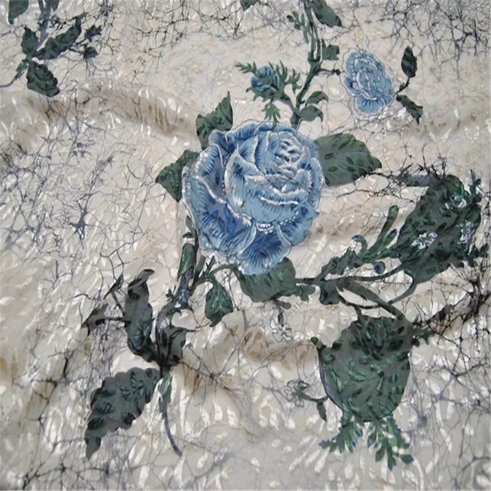 Elegant Big Blue Rose Flower Design Silk Burn Out Fabric Opal Textile for Elegant Lady Summer Clothes Dress