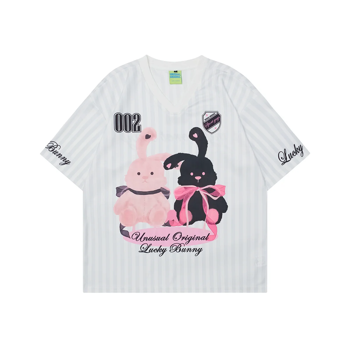 

Summer Oversized V-neck American Retro Jersey Cute Little Rabbit Print Short Sleeved T-shirt For Women Sweet Pink Striped Top