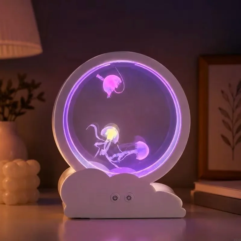 LED Round Moon Aquarium Night Light, 7-Color Cloud-Bottom Jellyfish Light, Desktop Mood Light, Indoor Ornament, Decorative Light