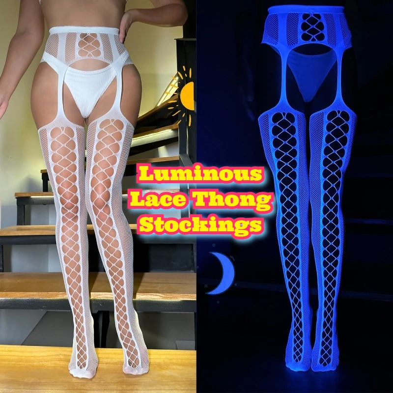 

Women Sheer Open Crotch Glow Dark Lace Suspender Stockings Sexy Fishnet Pantyhose Non Slip Tights Body Stocking Garter Belt New