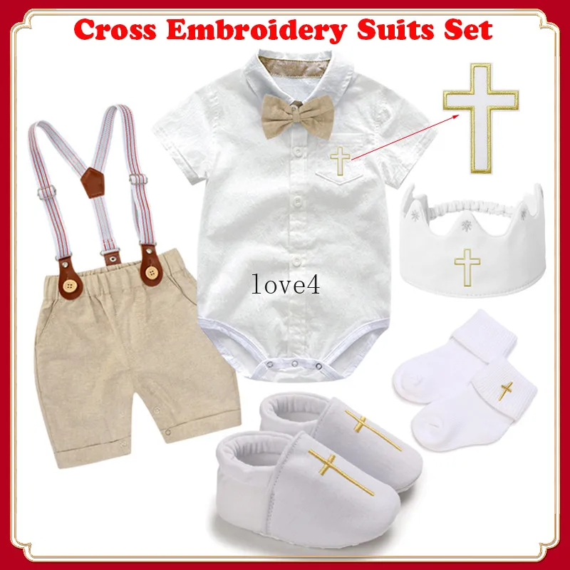 0-24M Christening Clothes for Baby Boy Outfit Church Cross Embroidery White Polo Baby Romper + Suspender Shorts Pants Suits