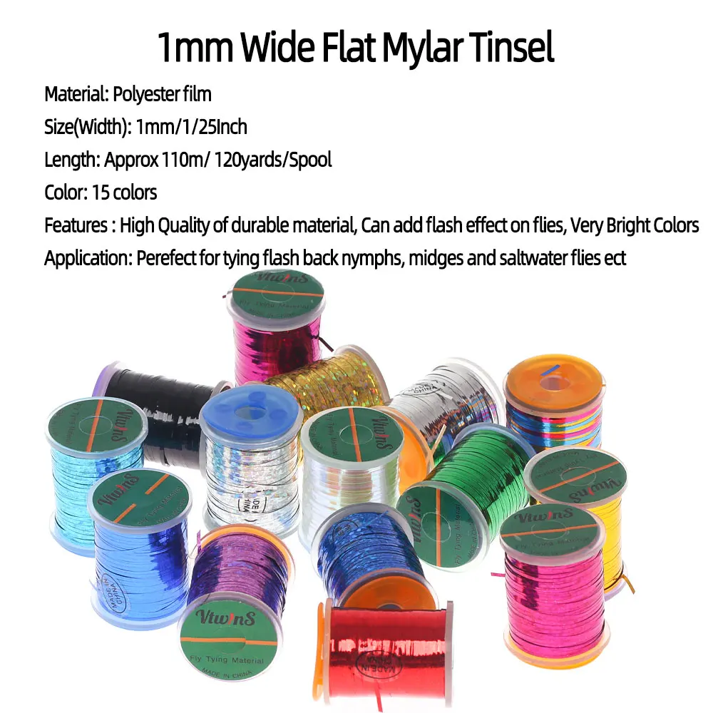 1PC 1mm szeroki płaski Mylar Tinsel holograficzny Flashabou Tinsel materiał do wiązania much dla Streamer Flashback nimfy Midges pstrąg Fishin — zdjęcie 3