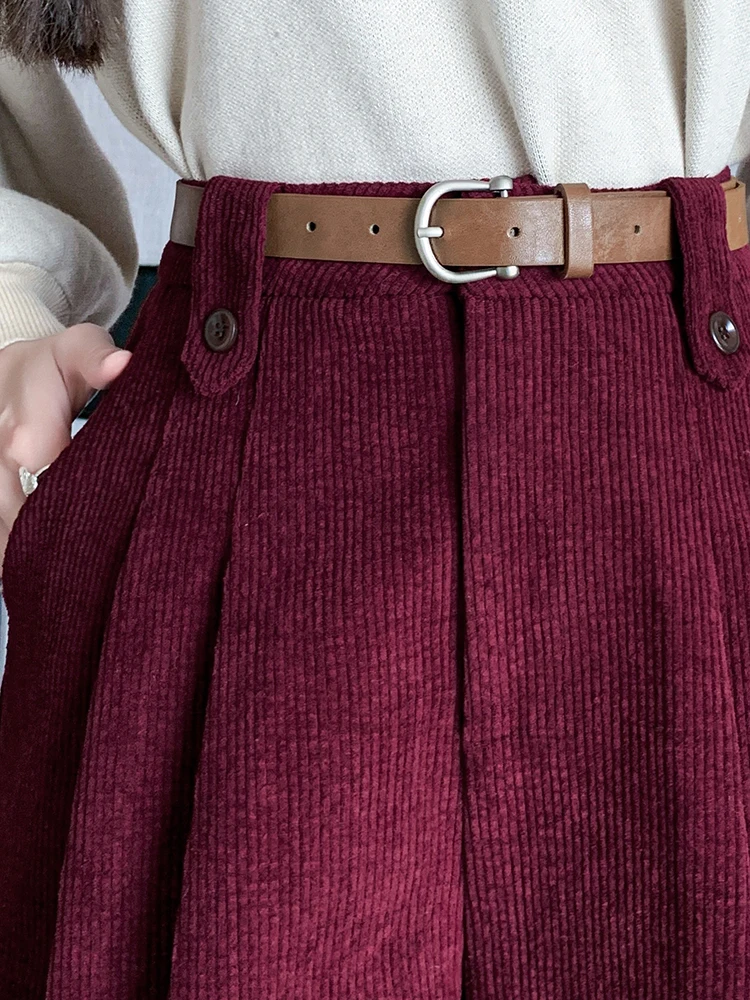 QOERLIN Korean Fashion Woolen Pleated Shorts Women 2024 New Autumn Winter High Waist Wide Leg A-Line Corduroy Shorts with Belt