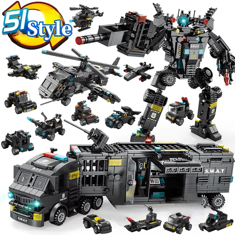 700PCS City Series Police Station SWAT Building Blocks Military Truck Car Fighting War Robot DIY Toys for Boys Gifts