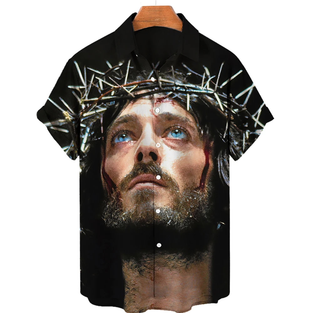 Camisa havaiana estampada em 3D masculina, estampa de Jesus, leão animal, rua alta, top solto, roupas de streetwear, moda