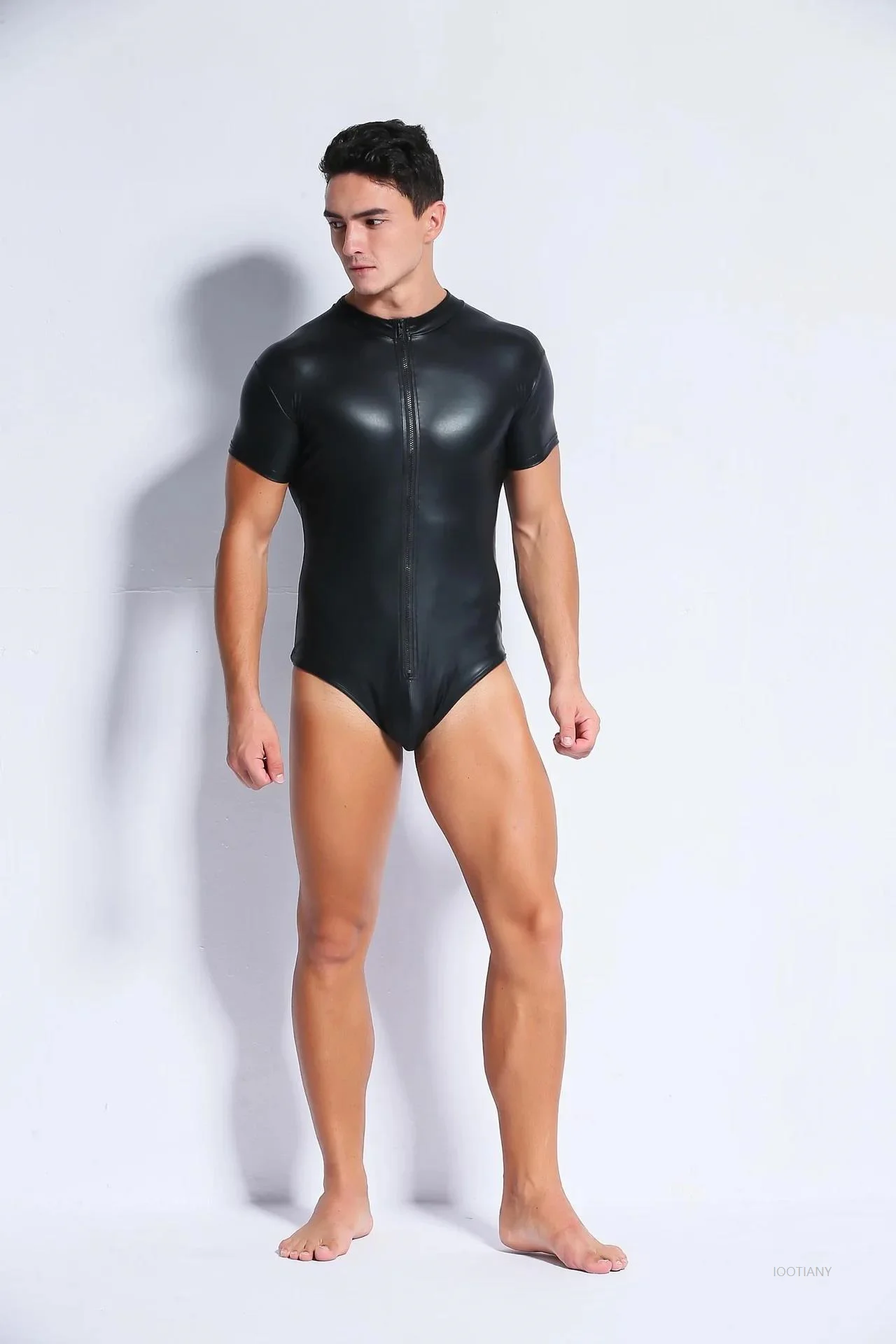 Men's Adult Sexy Pu Faux Leather Domestic Bodysuit Nightclub Bar Pole Dance Club Zipper Underwear Black Clothing Jumpsuit view 2