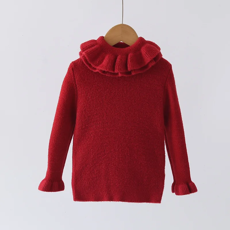 New Brand Designer Double Ruffle Collar Girls Knit Sweater Nice Flared Cuffs Long Sleeve Solid Girls Children Base Shirt JY09202 3