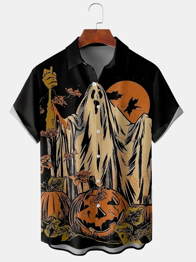 Men\'s Halloween Ghost and Pumpkin Print Short Sleeve Hawaiian Shirt with Chest Pocket Party Wear for Men And Women