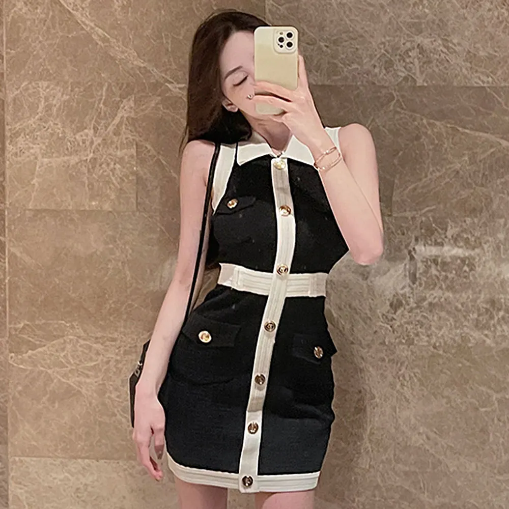 Knop-Revers Mouwloos Vest Gebreide Korte Vrouwen Jurk Zomer Kleine Parfum Tas Hippe Rok Franse Senior Elegante Mode Kleding