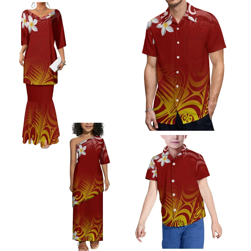 Hawaiian Family Gathering Polynesian Clothing Samoan Floral Design Mother Daughter Puletasi New Design Father Son Pocket Shirt