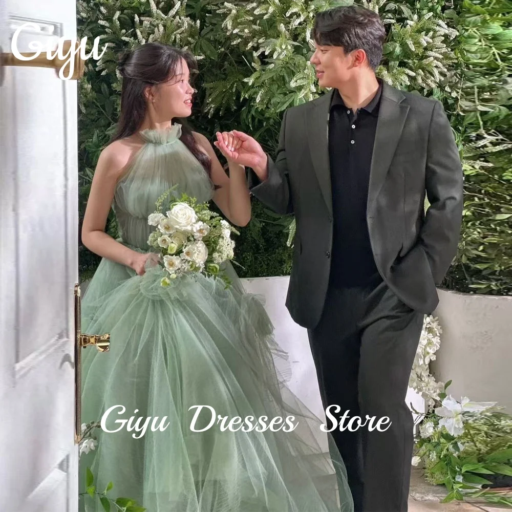 Giyu Princess Green Wedding Dresses Halter Tulle Sleeveless Korea Wedding Photo Shoot Dress Bridal Gown Floor-Length Customized