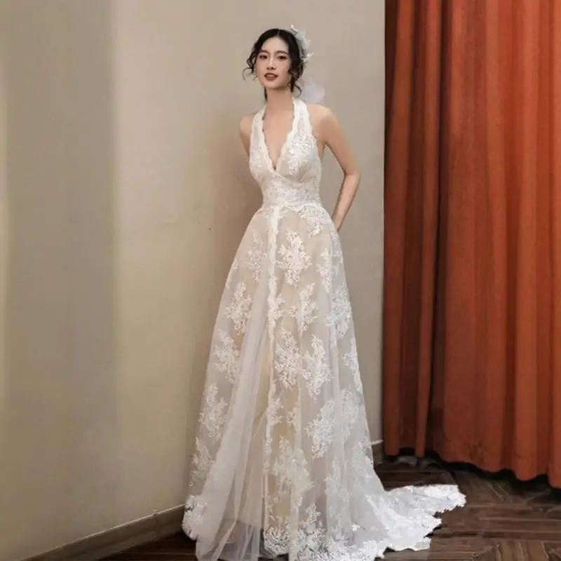 

Корейский стиль, кружевной свадебный утренний халат, вечернее платье, женское легкое свадебное платье на день рождения, с v-образным вырезом, бретелькой на шее, высококачественный дизайн