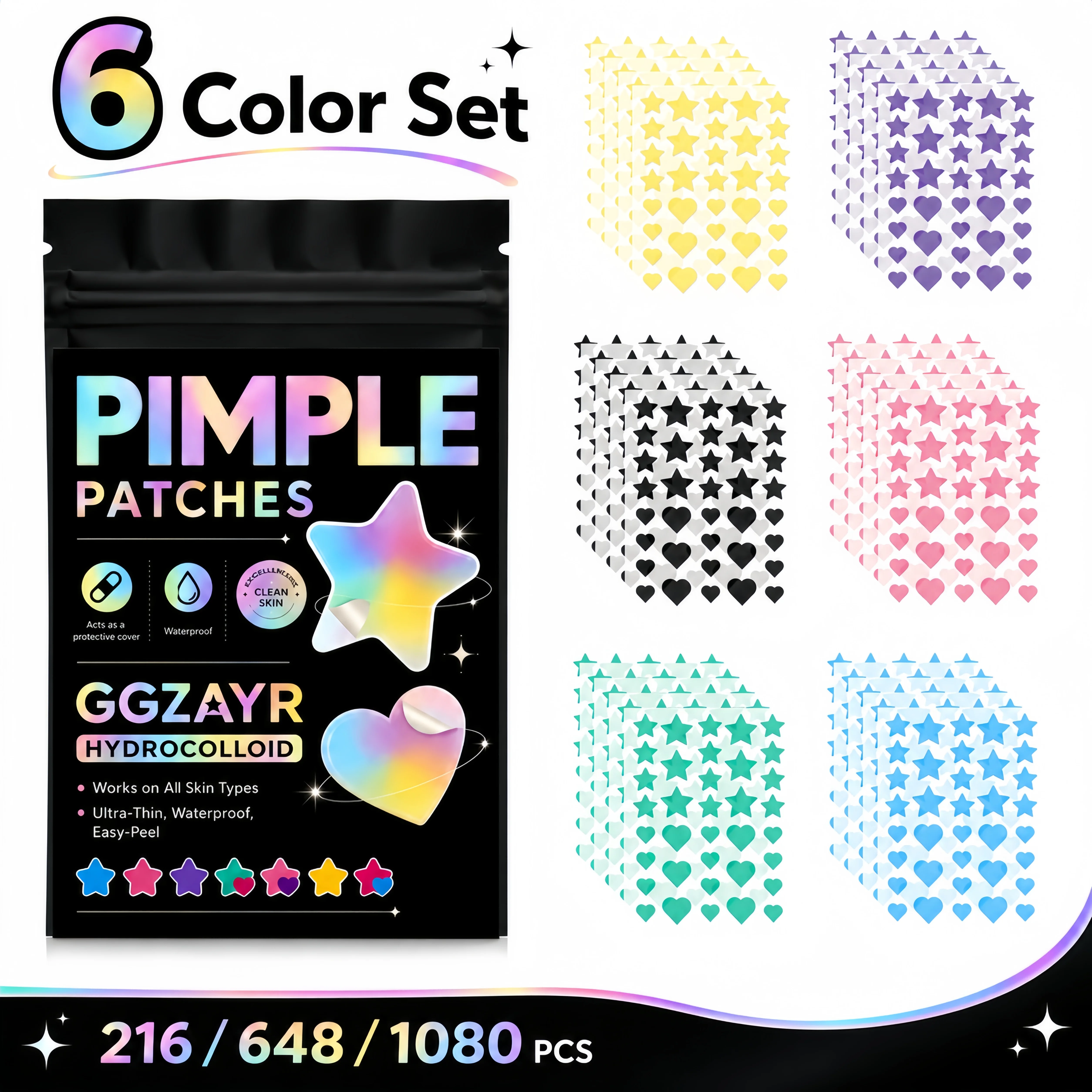 216/648/1080PCS Colorful Star Heart Face Patches, 6 Colors Cute Pimple Stickers, Hydrocolloid Beauty Patches for Daily Use
