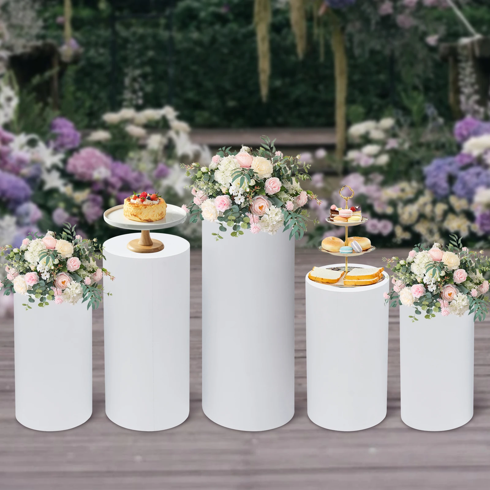 5PCS Cylinder Pedestal Stands Metal Round Cylinder Plinths Dessert Cake Table Display Pillars for Wedding, Birthday Party