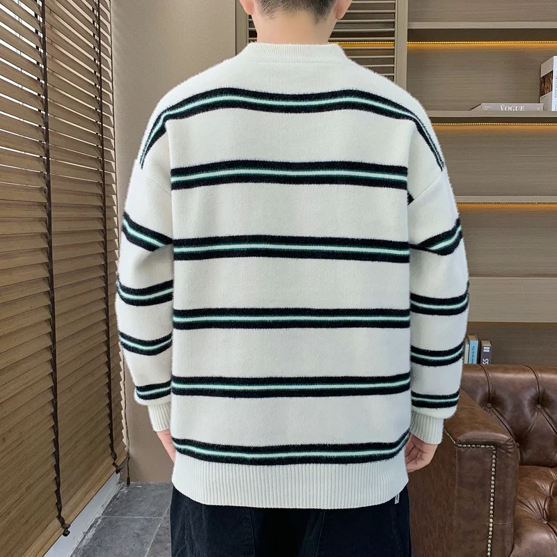 

Thiened f-High Collar Men's Knitted Sweater Autumn Winter New Sle Striped Overlap Warm Inner Wear Ci Walk Long Sve