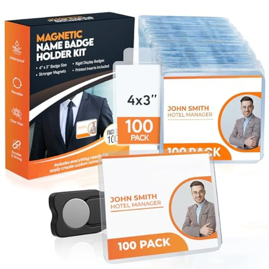 

100 Pack of 4x3 Magnetic Name Badge Holders White Printable Inserts Included Customizable Magnetic Name Tags for Office Convent