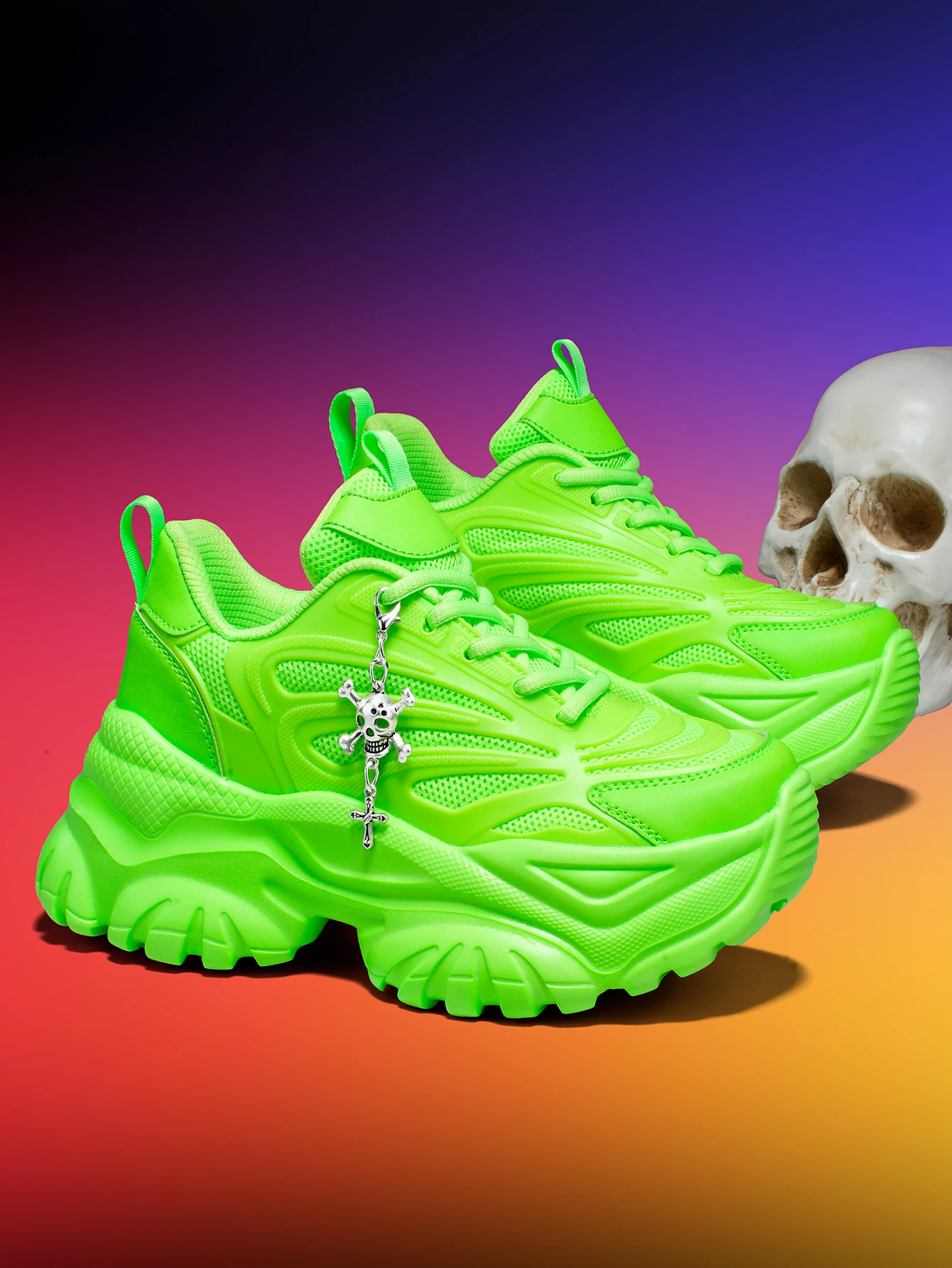 Damen-Outdoor-Allwetter-Modische Dad-Schuhe, Eva-Leichtgewicht-Sneaker mit dicker Sohle und 7 cm Absatzhöhe, orangefarbene Sportschuhe mit abnehmbarem silbernen Kreuz- und Totenkopf-Anhänger im Halloween-Punk-Stil, vielseitig einsetzbar für den täglichen Arbeitsweg und Fitness – Detail 37