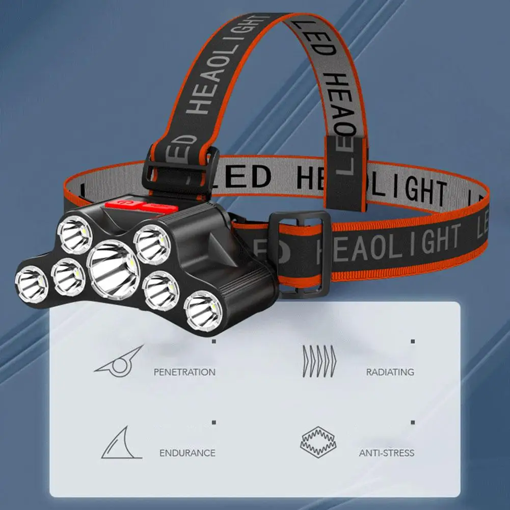 Lanterna montada na cabeça multifuncional ao ar livre com farol forte 7led carregamento de pesca led luz de longo alcance usb shooti i4e4