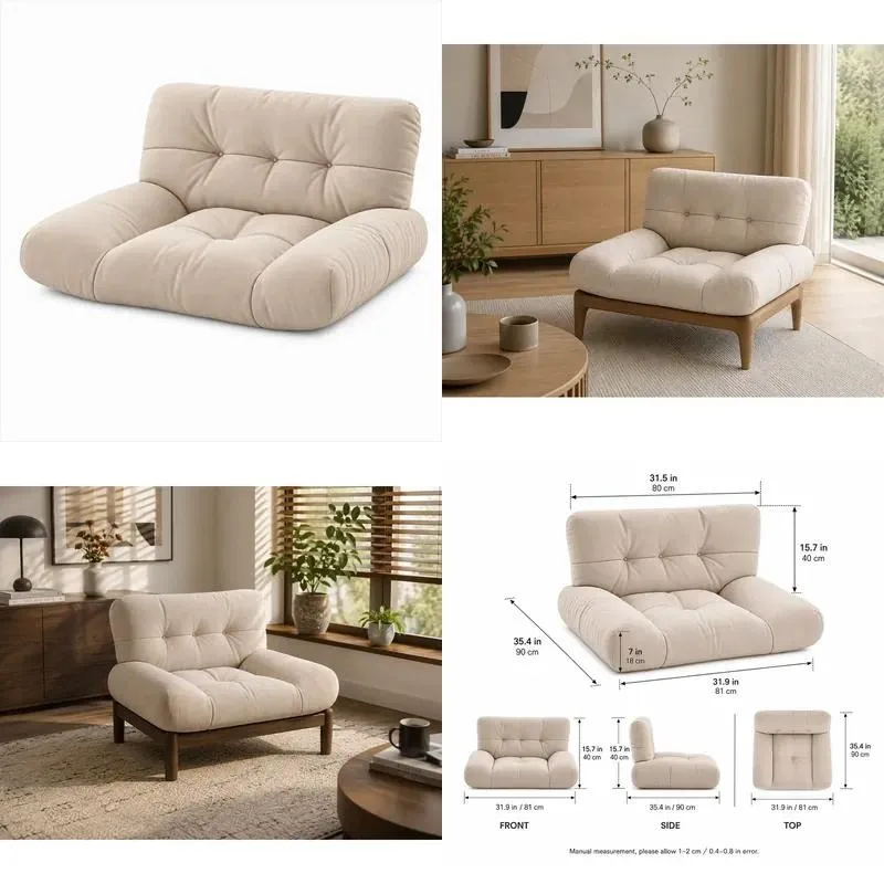 Indoor light color tufted curved armrest leisure chair high density foam thick soft hidden zipper non-slip custom shape sofa