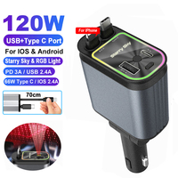 4 in 1 Retractable Car Charger 120W with USB C Lightning Cable Starlight in Auto Roof Fast Charging for IPhone Samsung Phones
