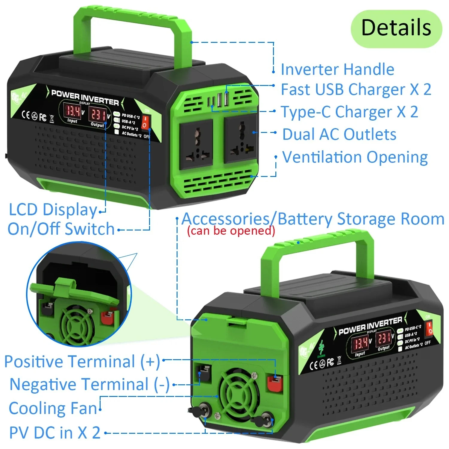 300W/500W Power Inverter DC 12V To AC 110V/220V Voltage Converter with USB and Type-C Ports Suitable for Laptops and Outdoor Use