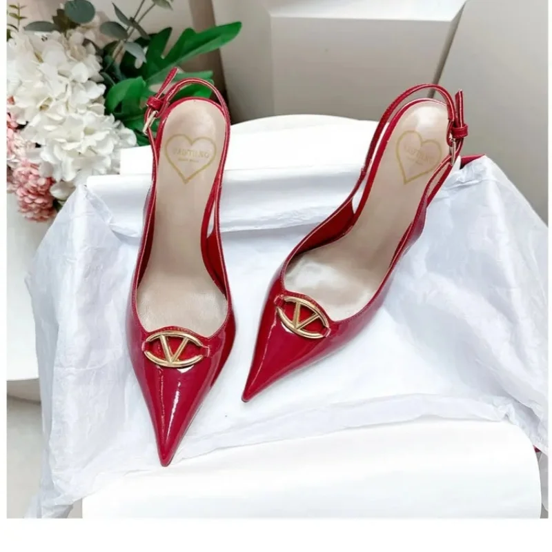 Black Patent Leather Heeled Sandals Summer 2025 New Elegant Woman Thin High Heels Pointed Toe Sexy Fashion Party Women's Sandals